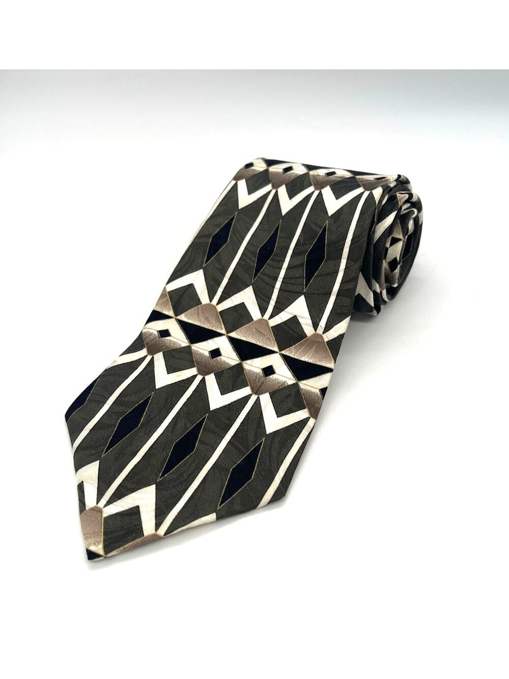 Zylos George Machado Green Cream Black Geometric Necktie 56” L 4” W Silk Tie
